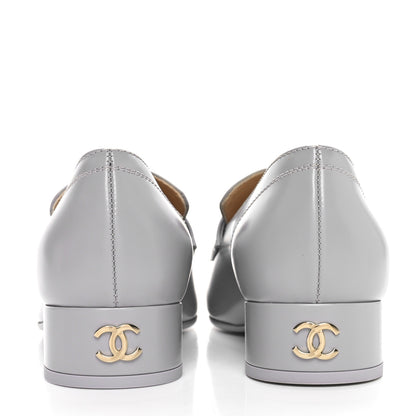 Chanel Shiny Calfskin Logo Loafers 36.5 Light Grey 5 of 10