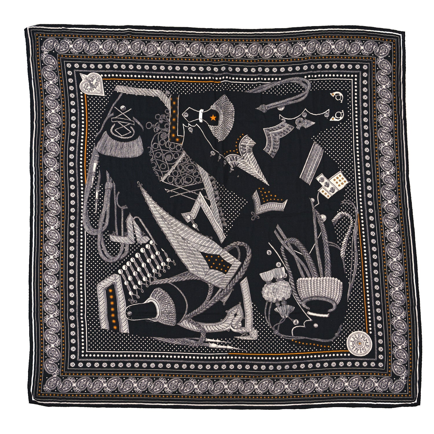 Hermes Cashmere Silk Zouaves Et Dragons Shawl 140 Black White Gold 1 of 3