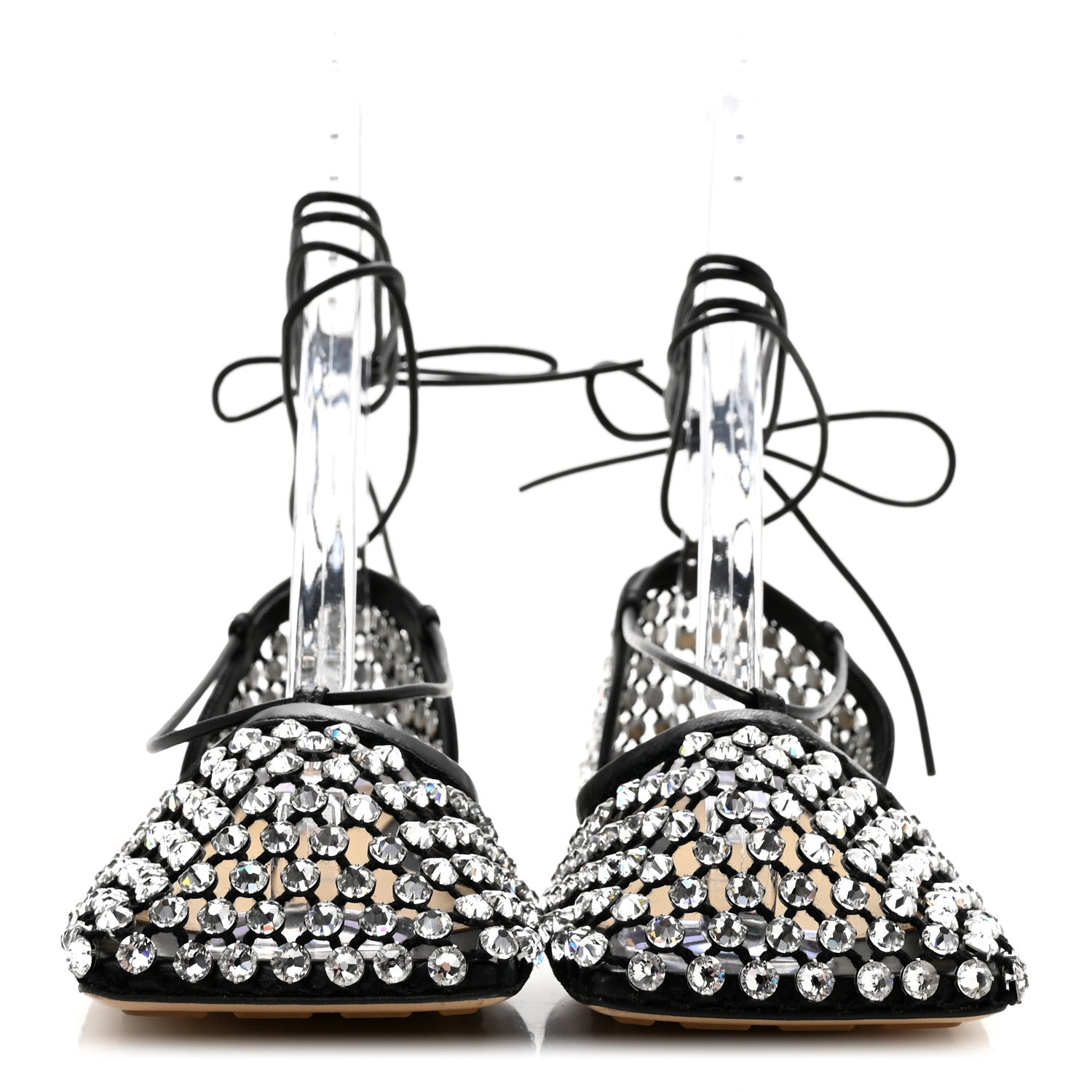 Bottega Veneta Mesh Nappa Crystal Embellished Sparkle Stretch Ankle Tie Flats 36 Black 3 of 9