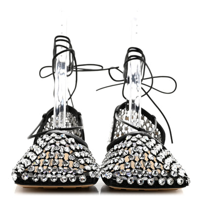 Bottega Veneta Mesh Nappa Crystal Embellished Sparkle Stretch Ankle Tie Flats 36 Black 3 of 9