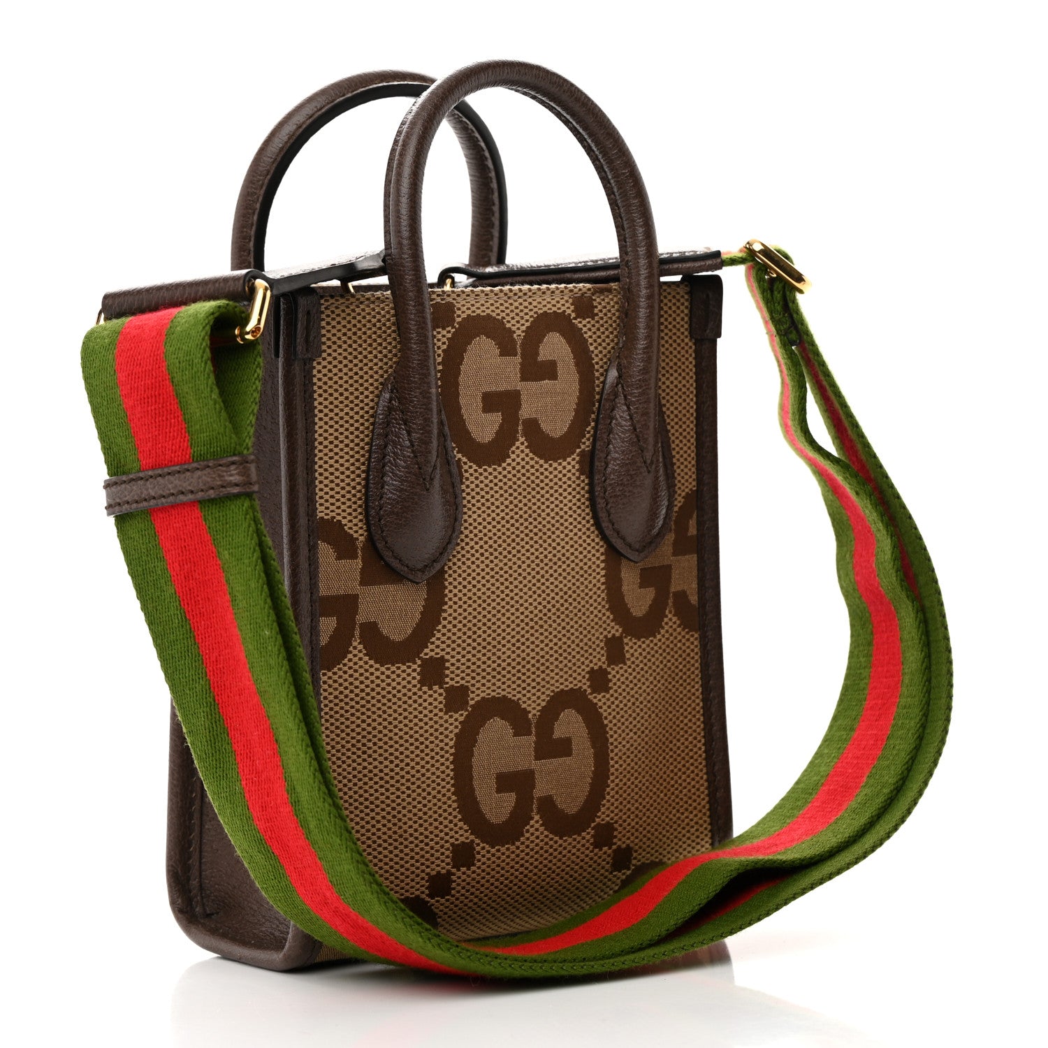 Gucci Monogram Jumbo GG Textured Dollar Calfskin Web Mini Vertical Tote Camel Ebony New Acero 3 of 14