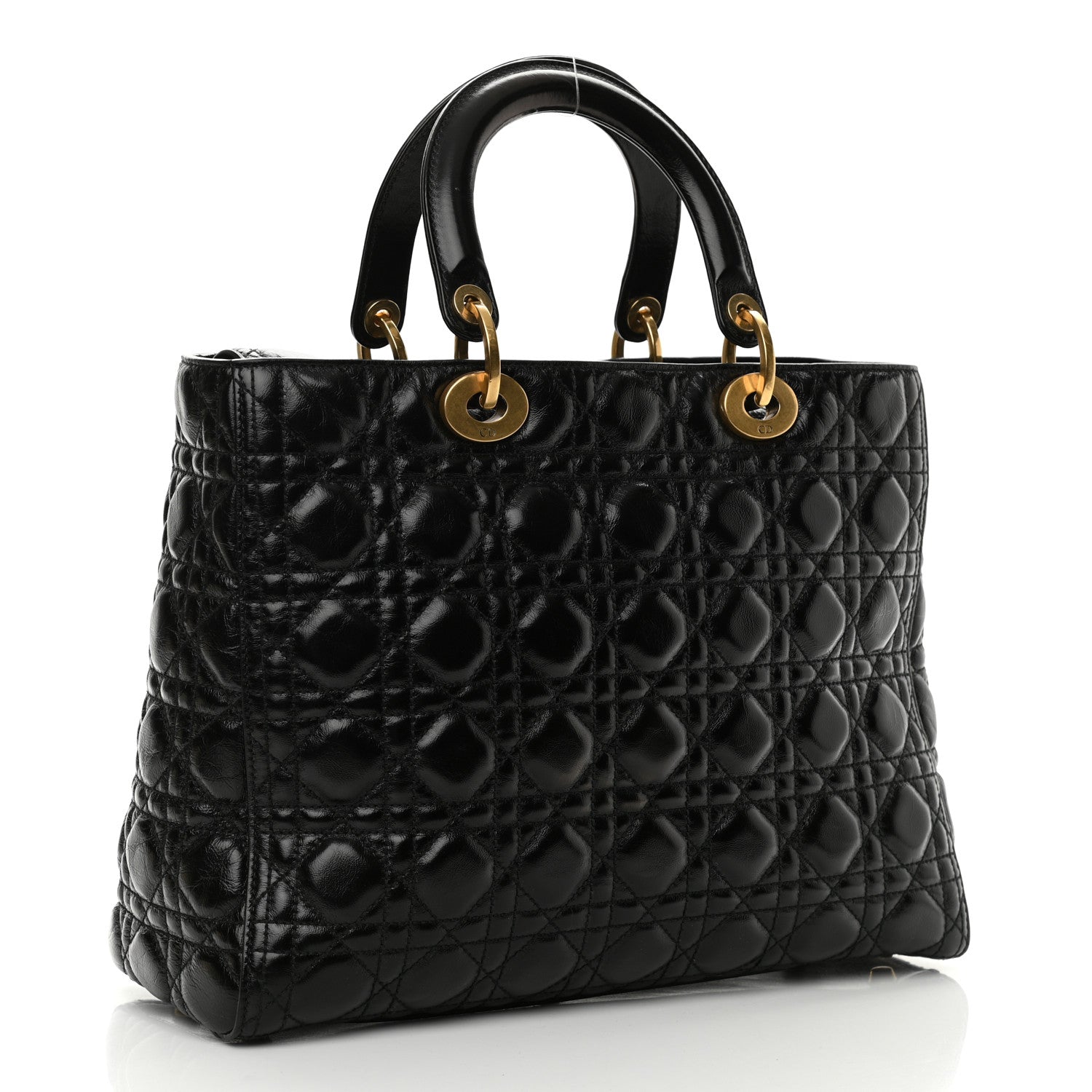 Christian Dior Crinkled Patent Cannage Large Lady Dior Black