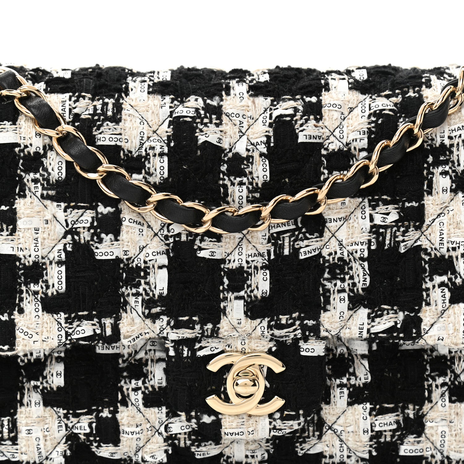 Chanel Tweed Quilted Medium Double Flap Black Ecru White 7 of 8