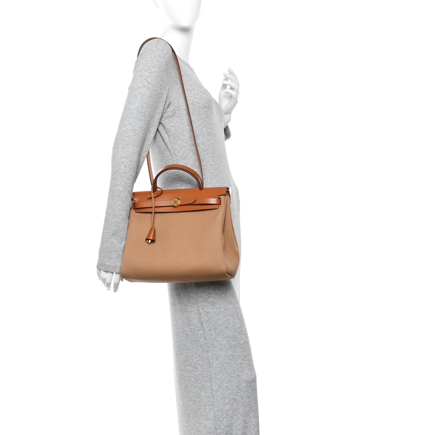 Hermes Military Toile Vache Hunter Herbag Zip Retourne 31 PM Chai Fauve 2 of 12