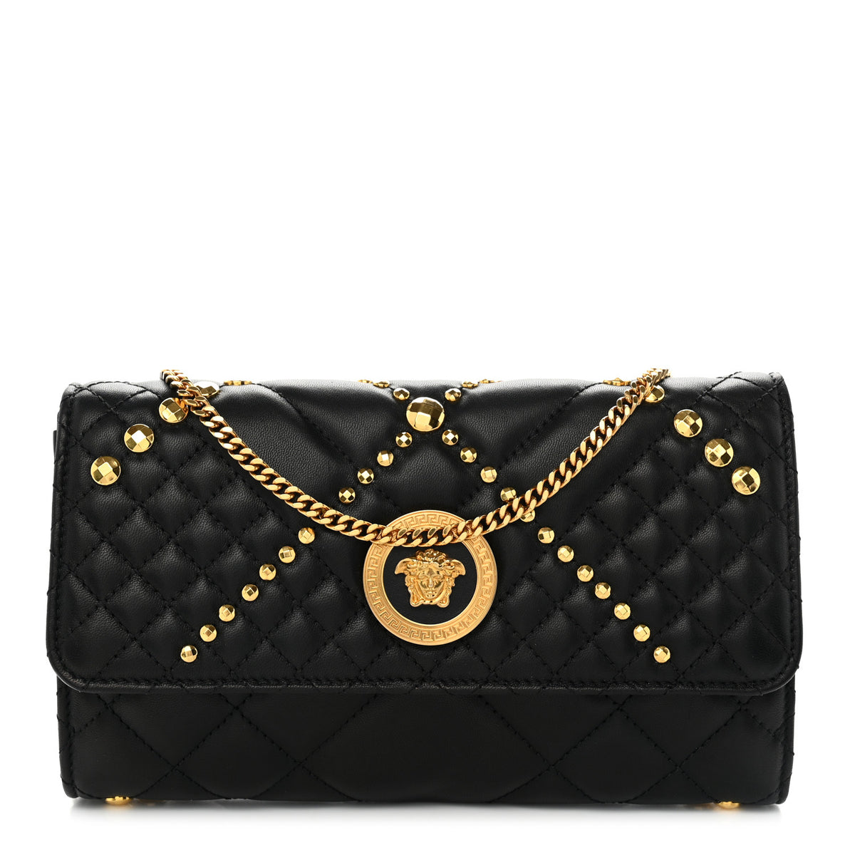 Versace Lambskin Studded Quilted Medusa Wallet on Chain Crossbody Black Gold 1 of 11