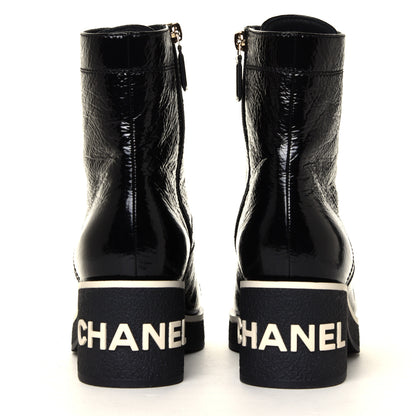 Chanel Shiny Crumpled Lambskin Lace Up Combat Boots 38.5 Black 10 of 12
