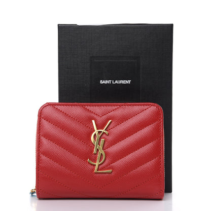 Saint Laurent Grain De Poudre Matelasse Chevron Monogram Compact Zip Around Wallet Red 9 of 9