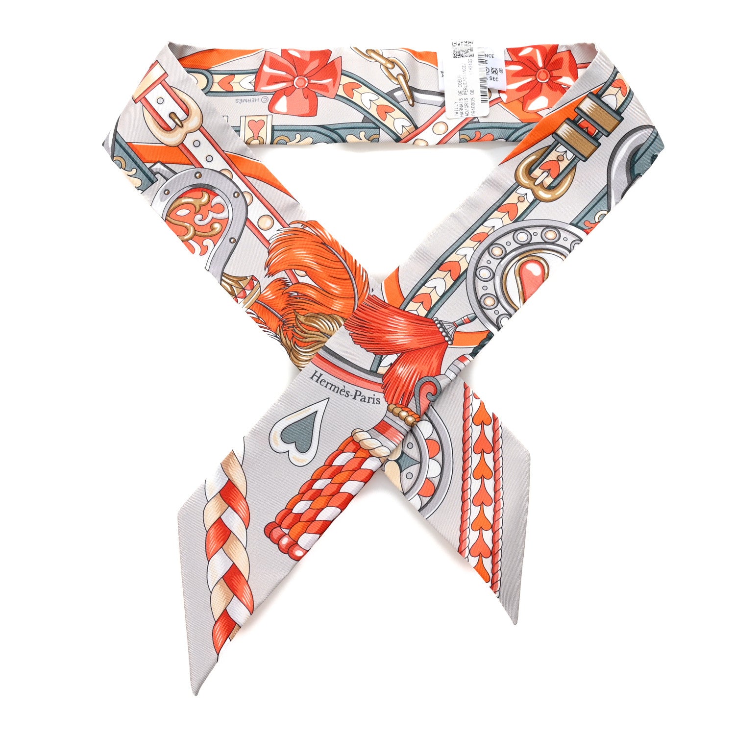 Hermes Silk Harnais De Coeur Twilly Gris Perle Orange Gris Bleute 1 of 4