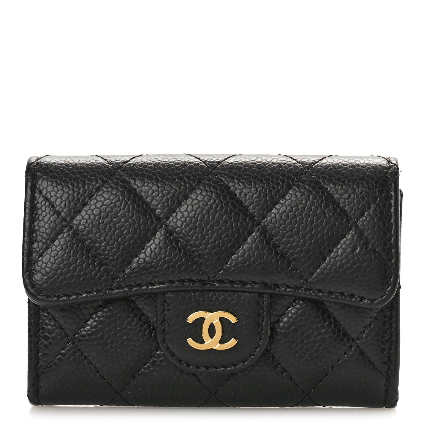 Caviar Quilted Flap Card Holder Wallet Black