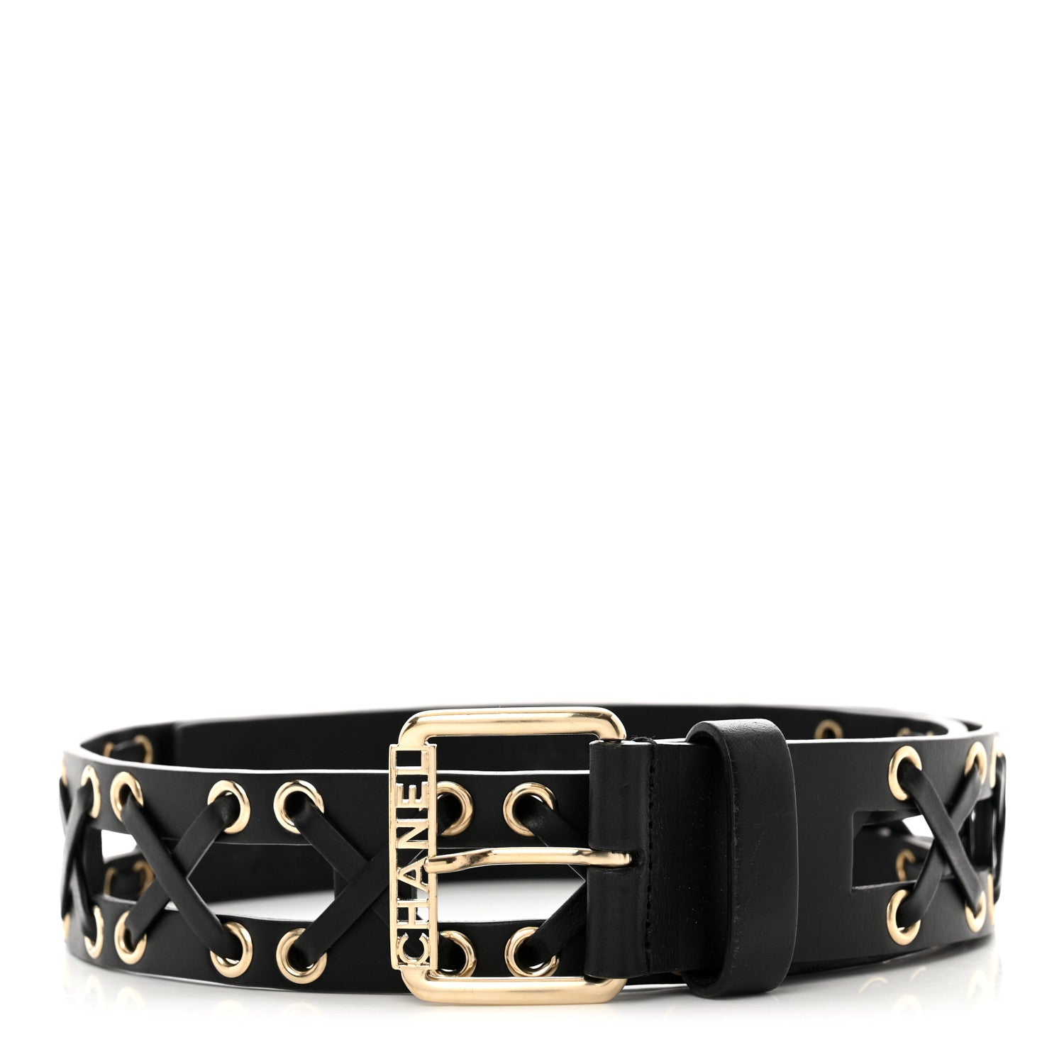 Chanel Calfskin Cross Stitch Grommet Belt 75 30 Black 1 of 6