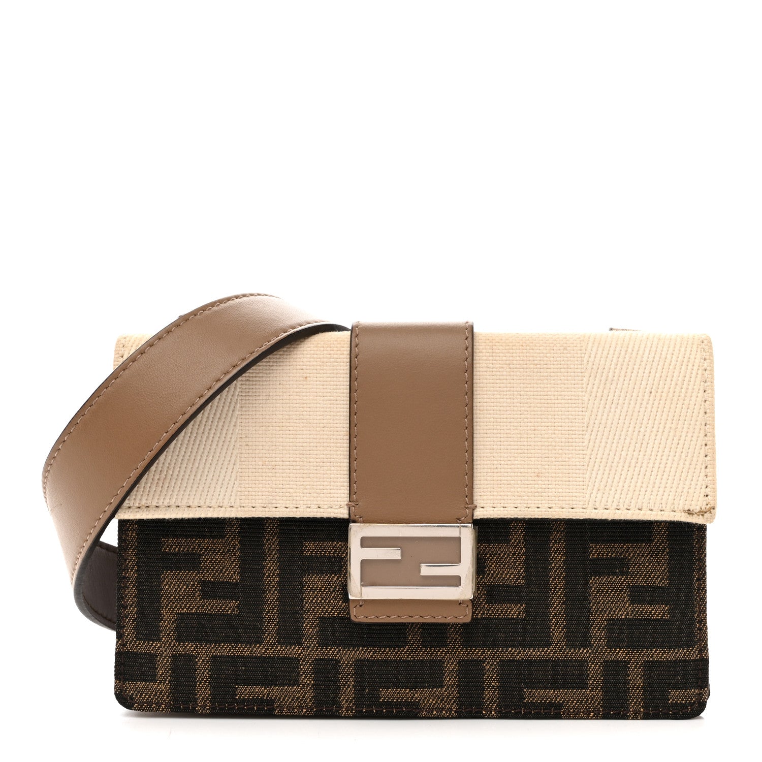 Fendi Fabric Jacquard Canvas Vitello Grace Pequin FF 1974 Baguette Belt Pouch Tobacco Moro Grezzo Sand 1 of 14