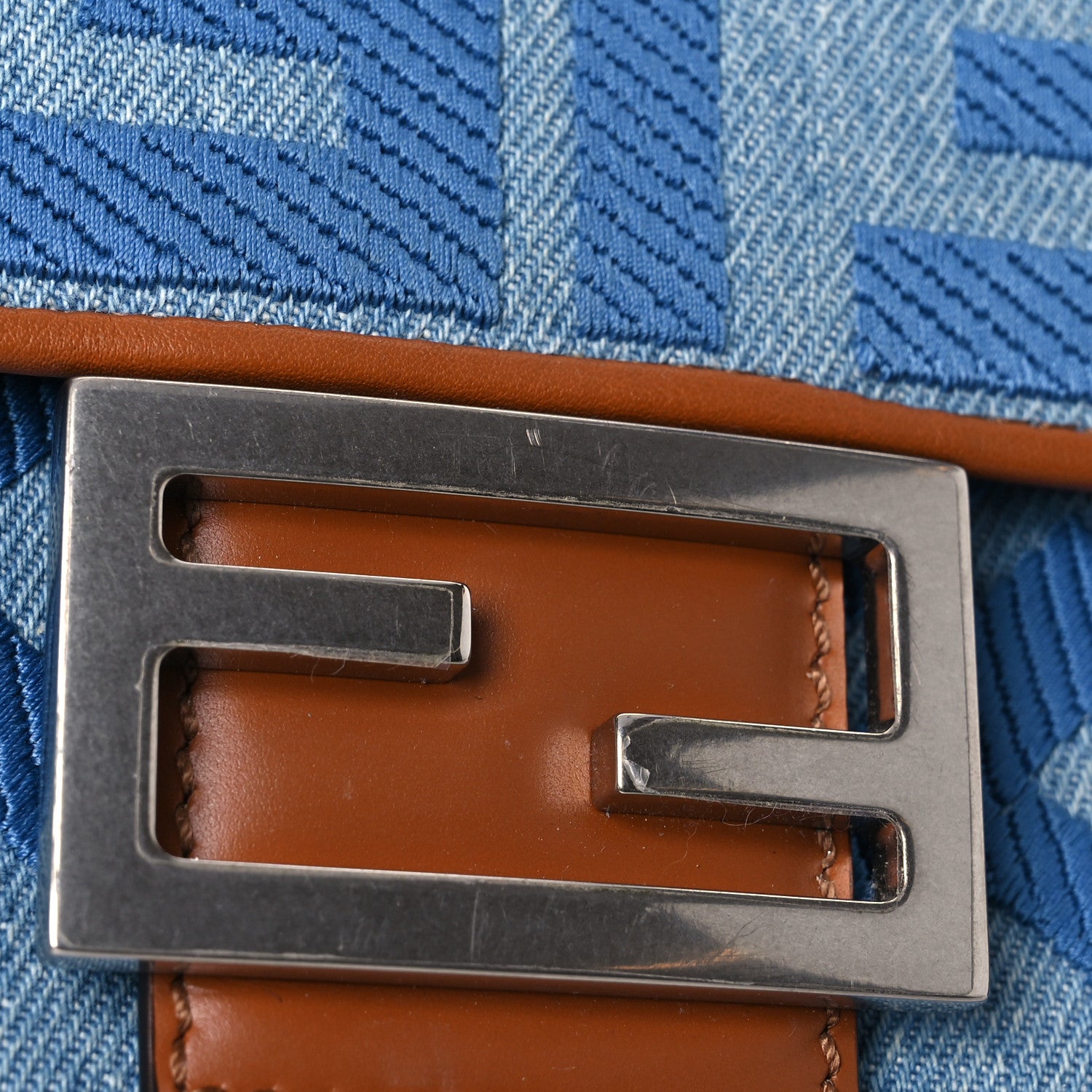 Fendi Denim Vitello King FF Embroidered Baguette Denim Chiaro Brandy 13 of 13