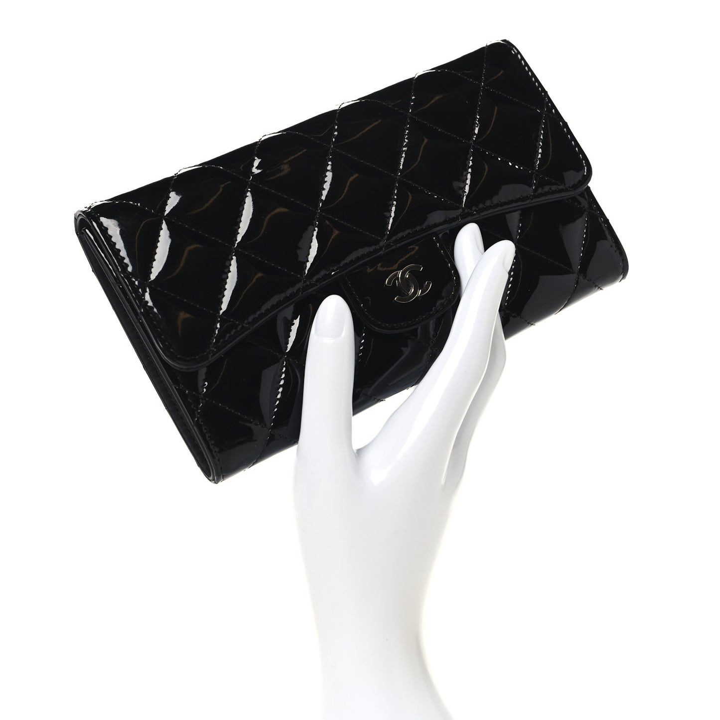 Patent Quilted Large Flap Wallet Black
