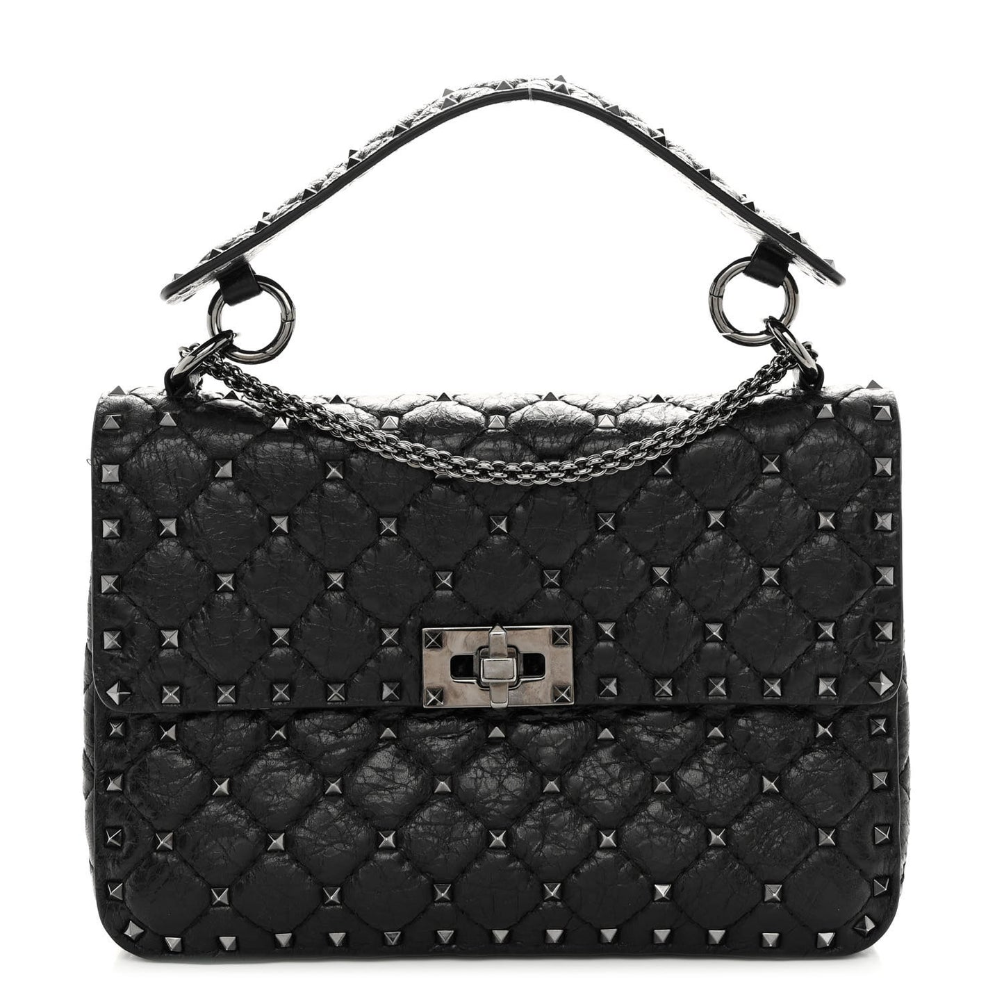 Craquele Nappa Medium Rockstud Spike Shoulder Bag Black