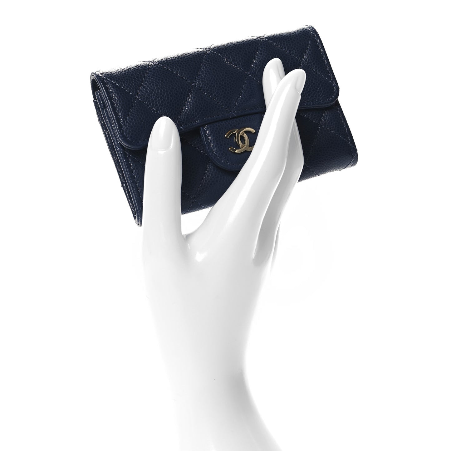 Caviar Quilted Flap Card Holder Wallet Navy Blue