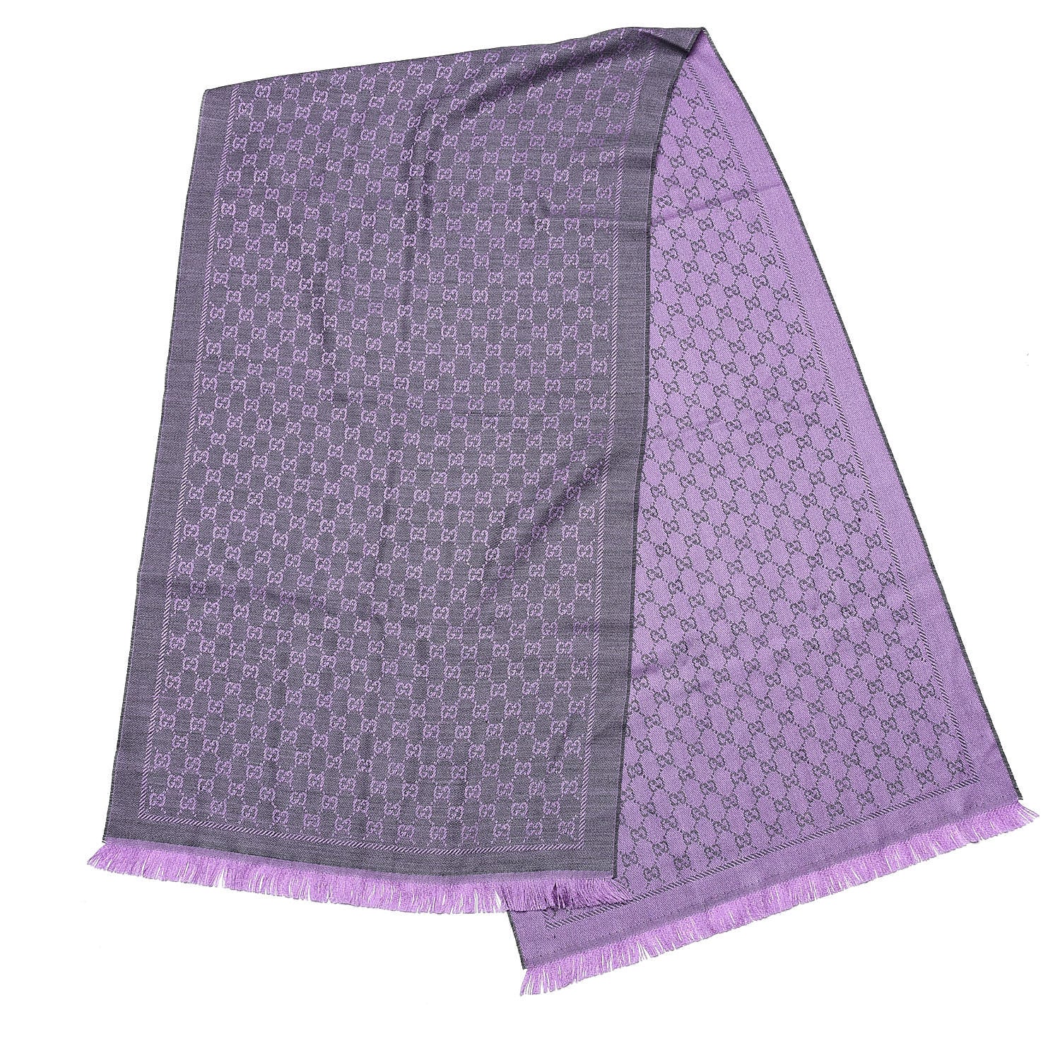 Gucci Wool GG Monogram Reversible New Sten Fringe Scarf Flannel Light Purple 3 of 4