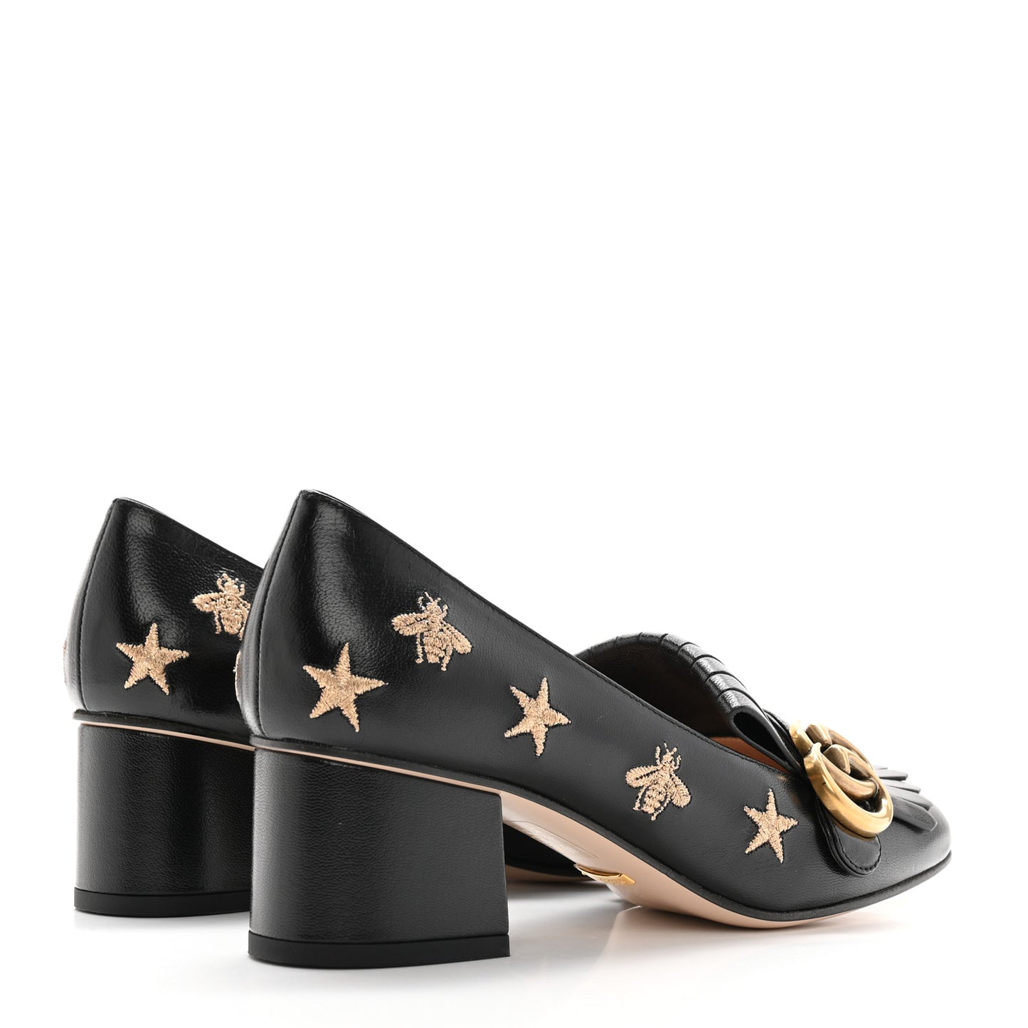 Quentin Goatskin Bee Star Embroidered GG Marmont Fringe 50mm Loafer Pumps 37 Black