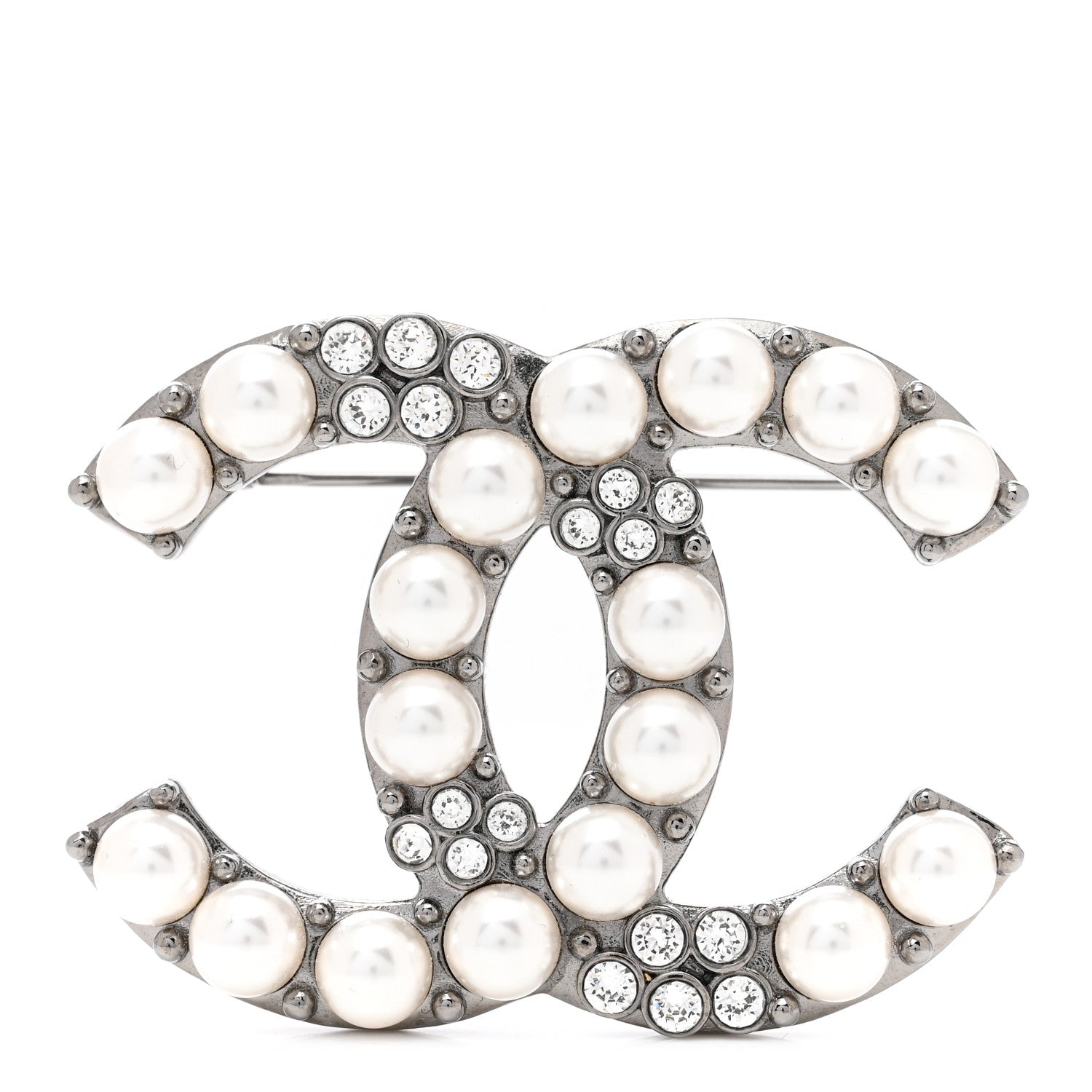 Chanel Pearl Crystal CC Brooch Ruthenium 1 of 4