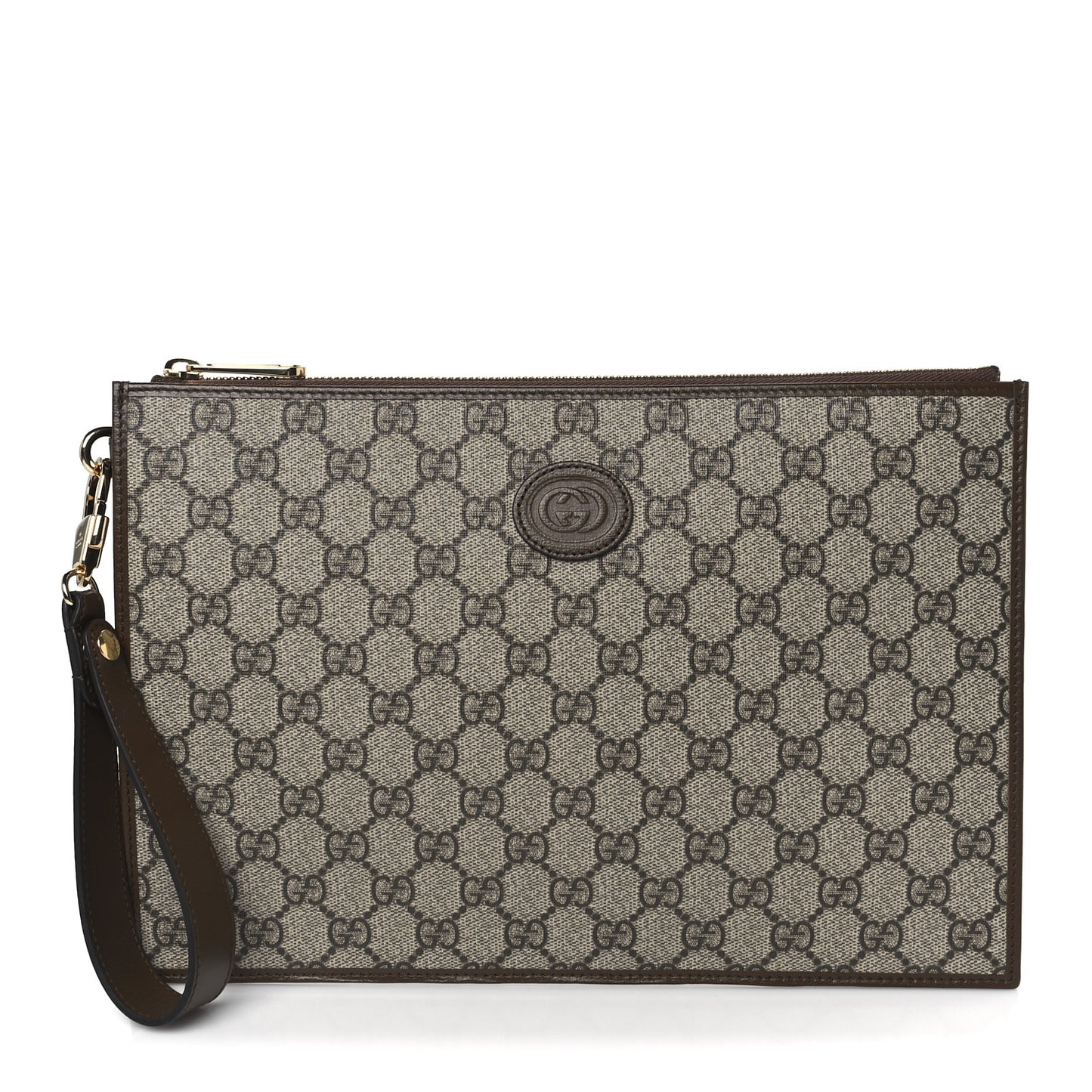 GG Supreme Monogram Azalea Calfskin Retro Interlocking G Wristlet Pouch Beige Ebony Brown Sugar