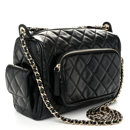 Chanel Shiny Crumpled Lambskin Quilted Medium Preppy Pocket Camera Case Black 3 of 10