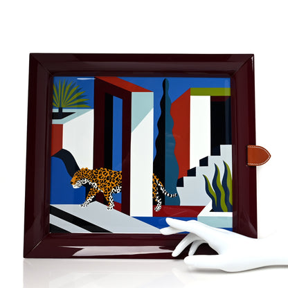 Hermes Lacquered Wood Taurillon Clemence Atrium Jaguar Dans Un Jardin Mexicain Tray Lie De Vin 2 of 5
