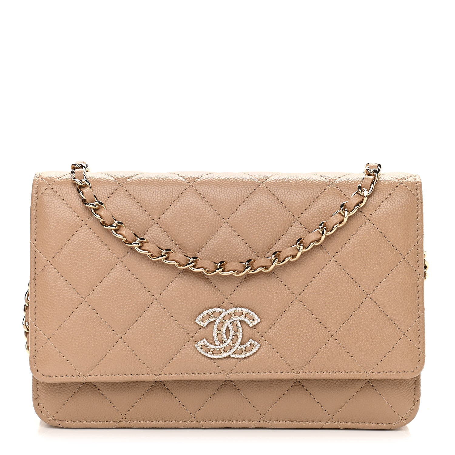 Chanel Caviar Quilted Crystal CC Wallet On Chain WOC Beige 1 of 12