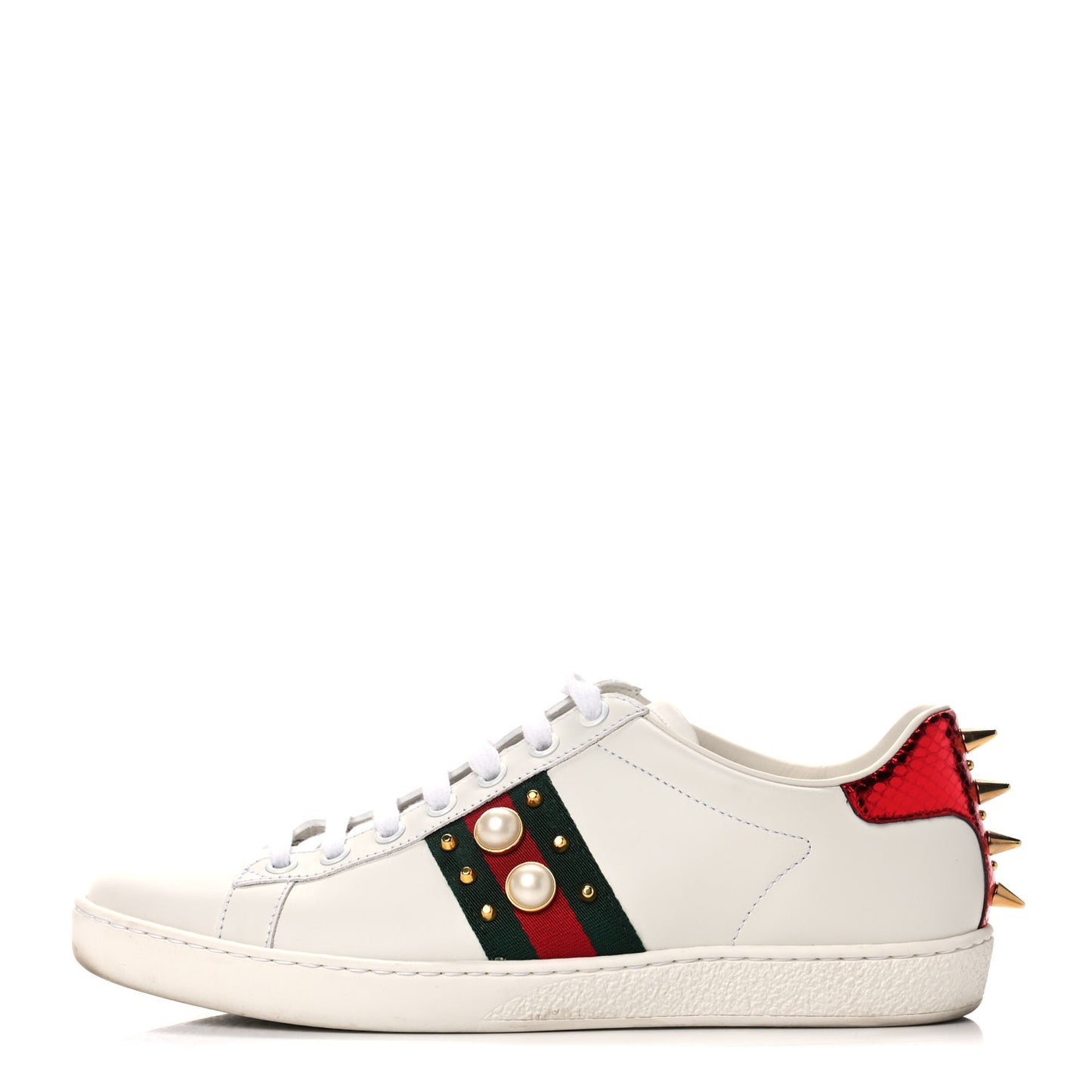 Calfskin Web Pearl Studded Womens Ace Sneakers 38 White