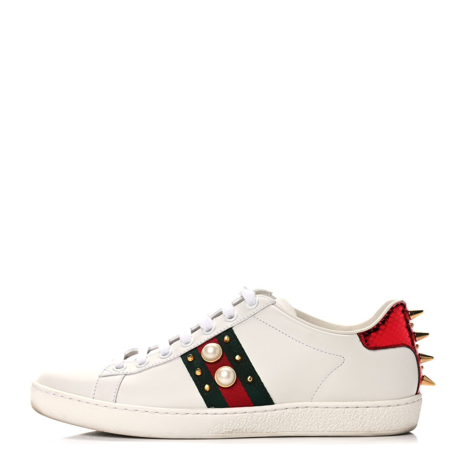 Gucci Calfskin Web Pearl Studded Womens Ace Sneakers 38 White 1 of 15