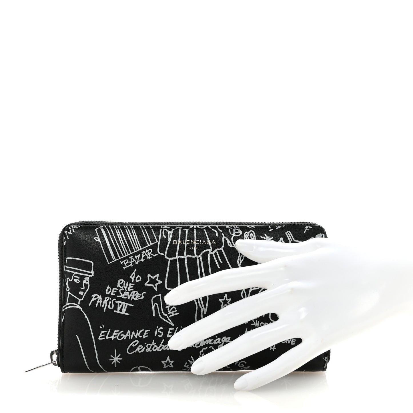 Calfskin Classic Silver Hardware Printed Tattoo Everyday Continental Zip Around Wallet Black