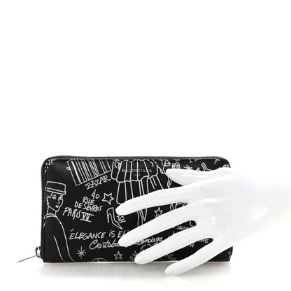 Balenciaga Calfskin Classic Silver Hardware Printed Tattoo Everyday Continental Zip Around Wallet Black 2 of 7