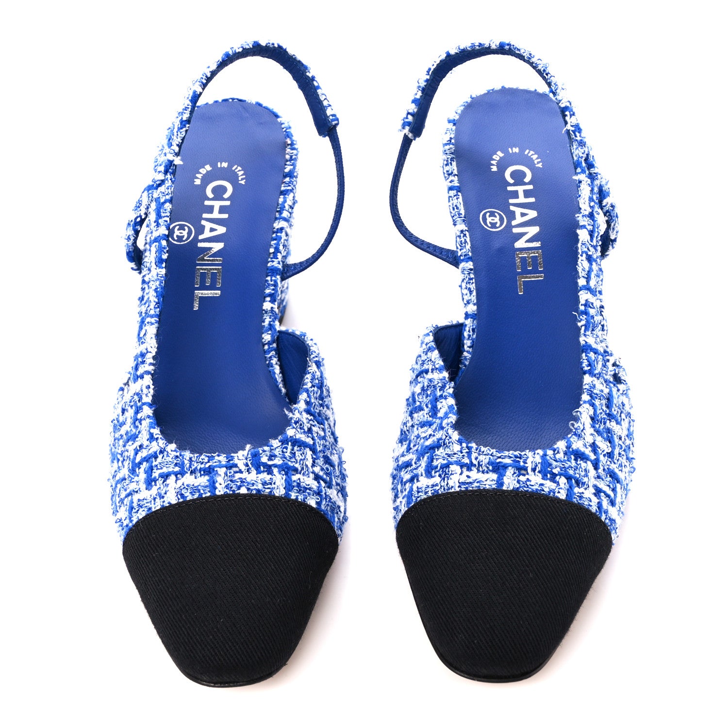 Chanel Tweed Grosgrain Cap Toe CC Slingback Pumps 37.5 Blue 2 of 8