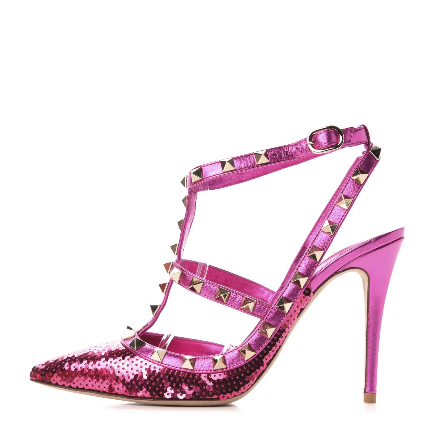 Metallic Nappa Sequin Liquid Metal Rockstud Ankle Strap Pumps 37.5 Pink Orchid