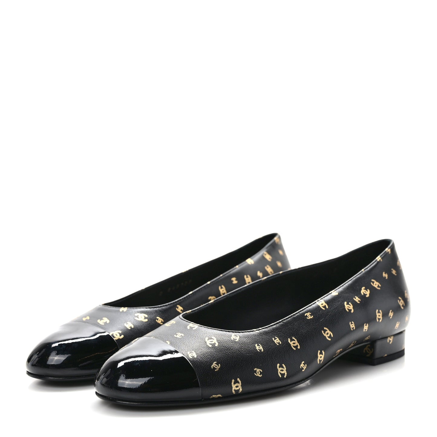 Lambskin Patent Calfskin Printed CC Cap Toe Ballerina Flats 37 Black Gold
