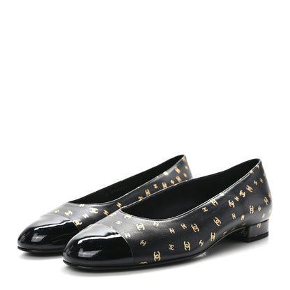 Chanel Lambskin Patent Calfskin Printed CC Cap Toe Ballerina Flats 37 Black Gold 3 of 8