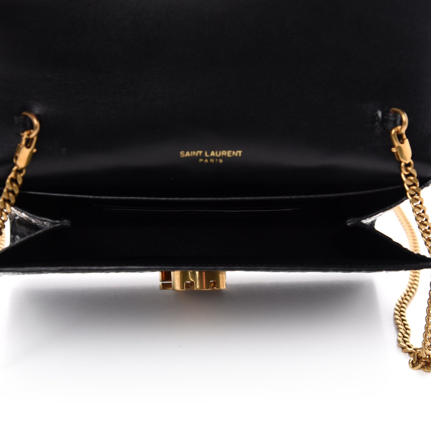 Calfskin Crocodile Embossed Monogram Cassandra Chain Wallet Black