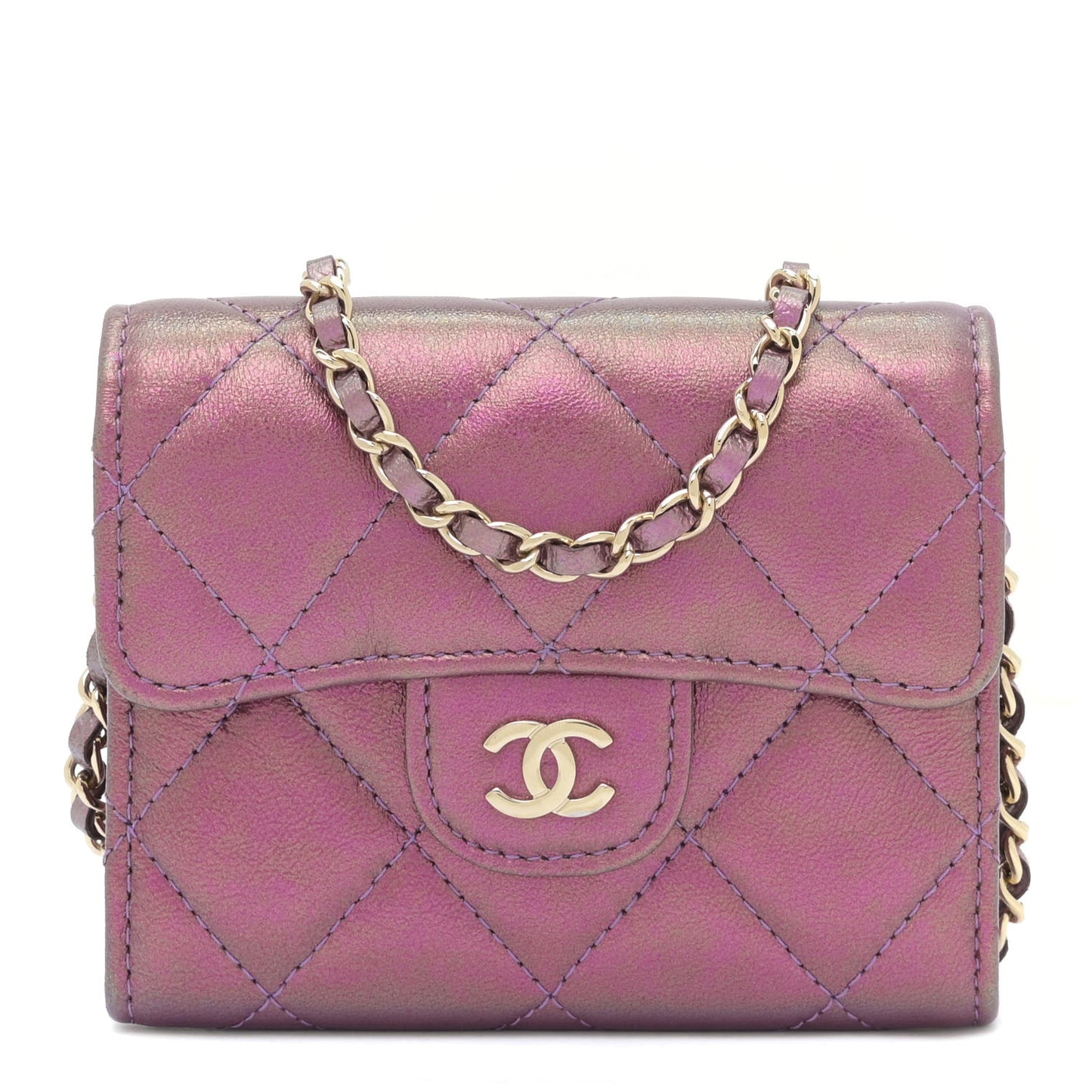 Iridescent Lambskin Quilted Flap Card Holder On Chain Purple