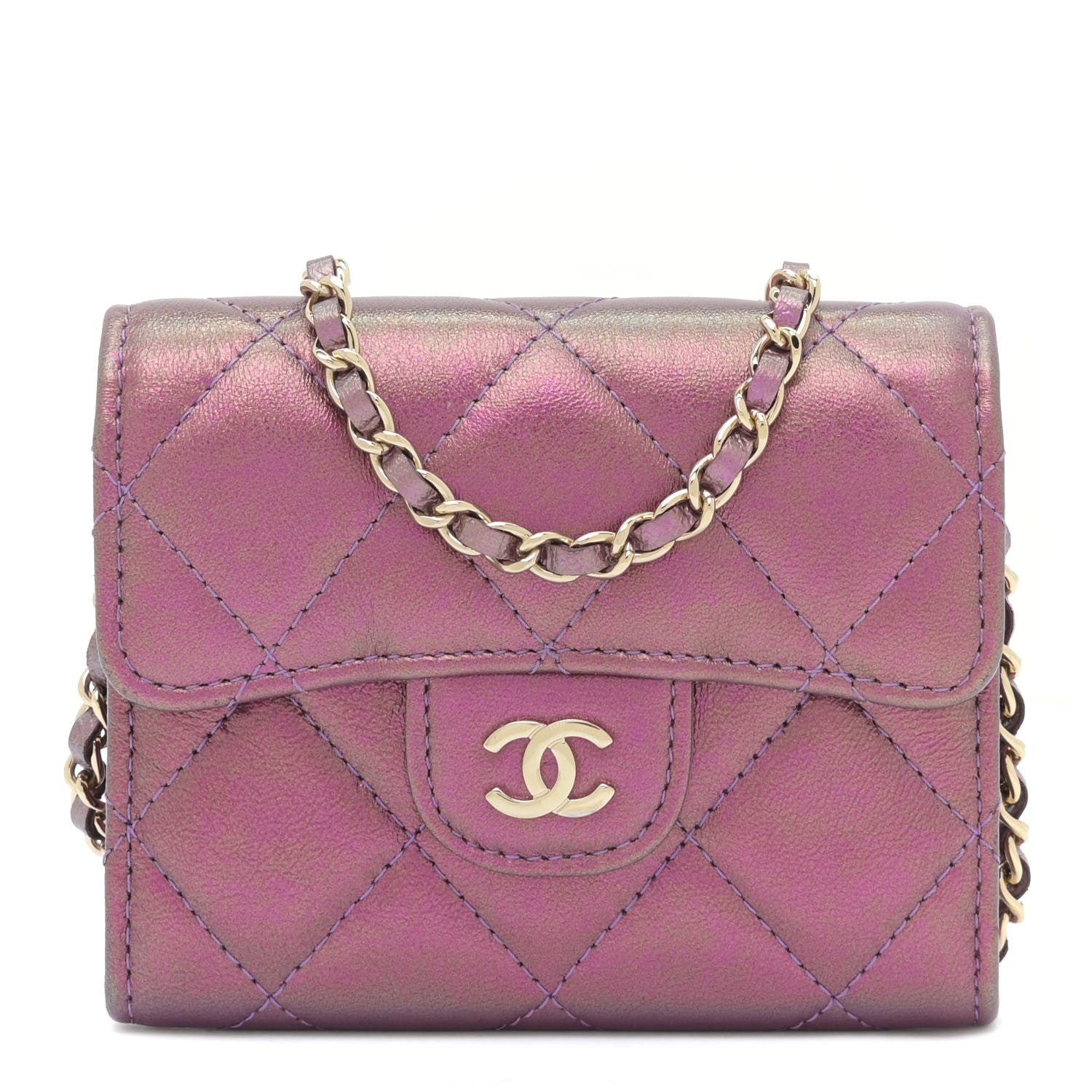 Chanel Iridescent Lambskin Quilted Flap Card Holder On Chain Purple 1 of 10