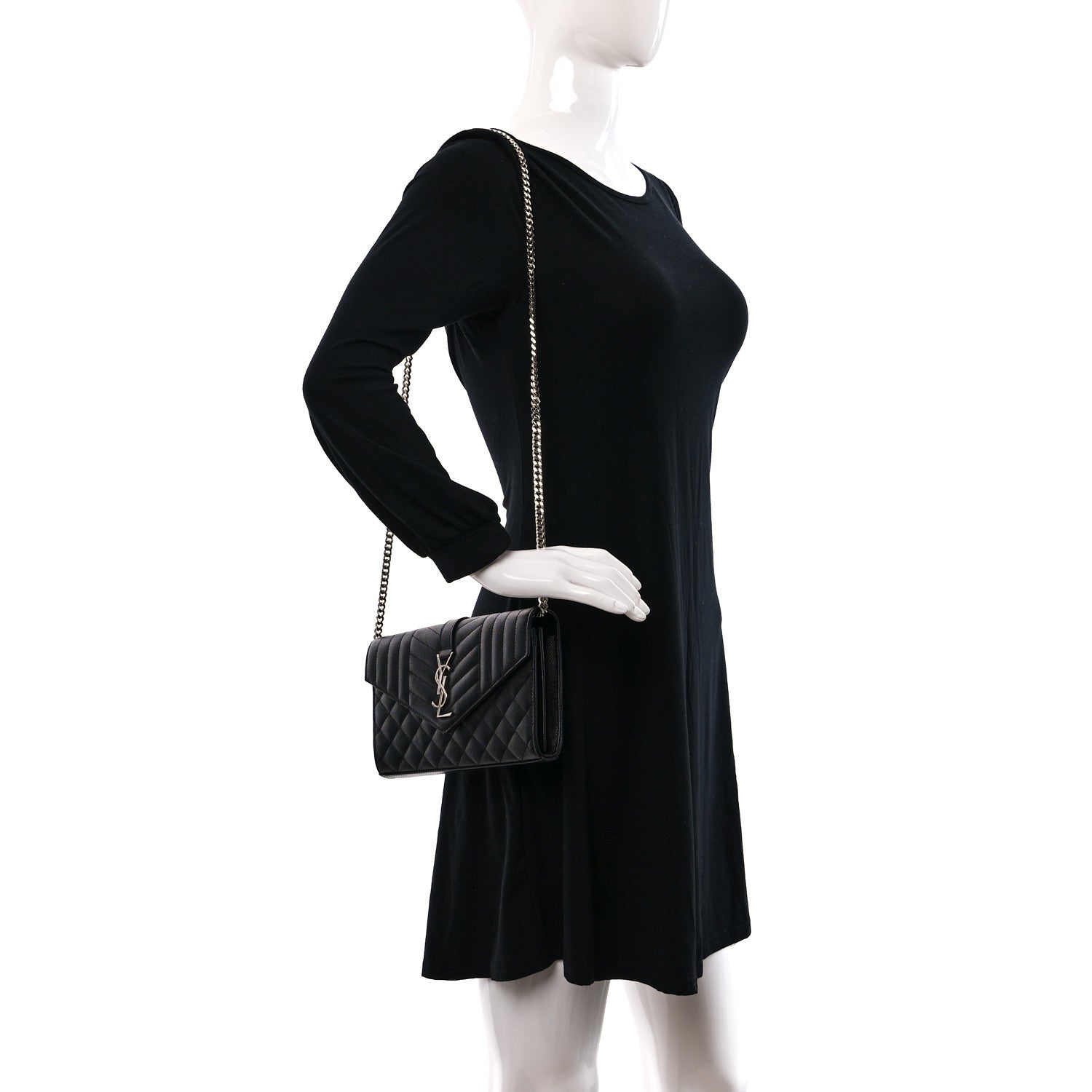 Saint Laurent Grain De Poudre Mixed Matelasse Triquilt Monogram Chain Wallet Black 2 of 9