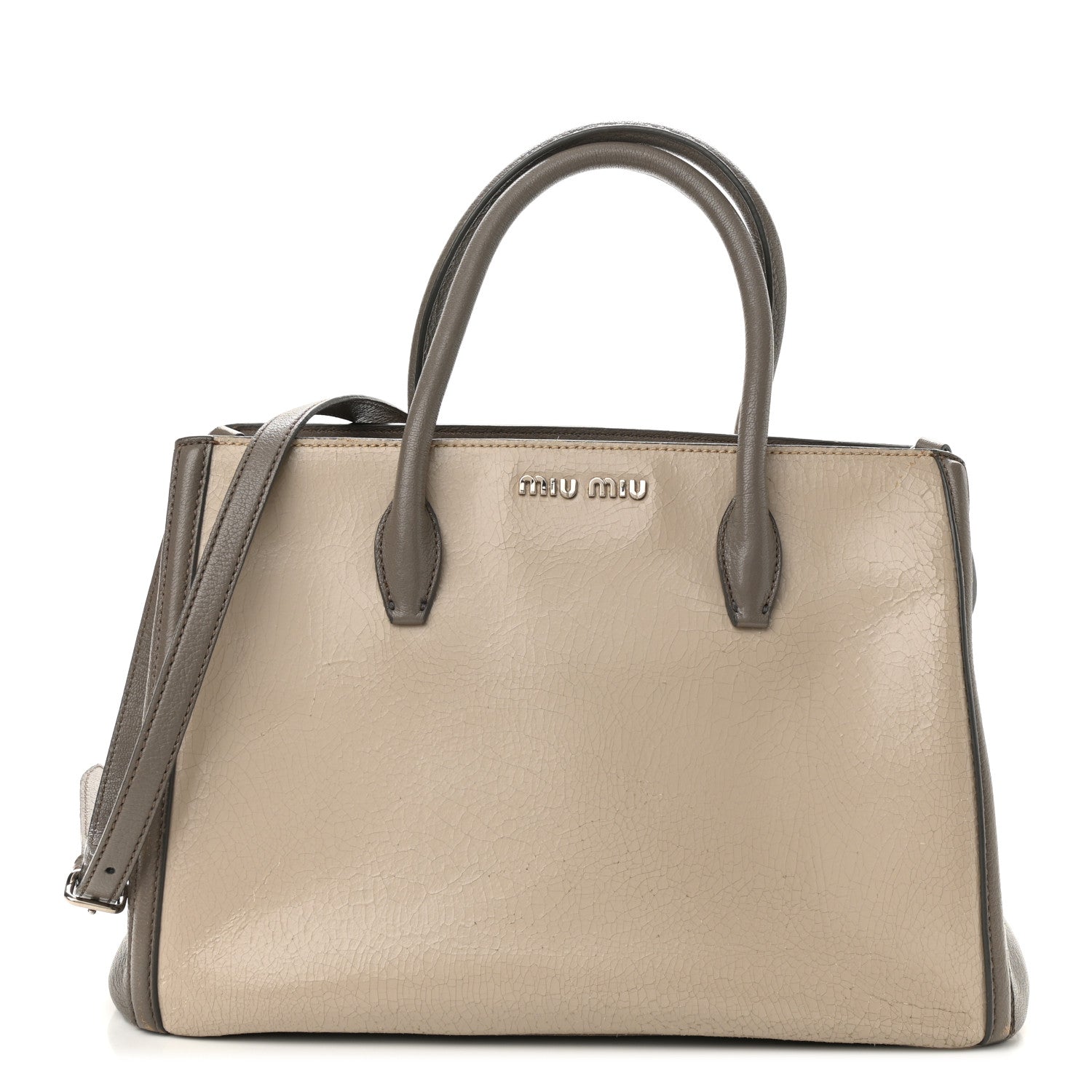 Miu Miu Crackled Goatskin Top Handle Tote Pomice Argilla 1 of 15