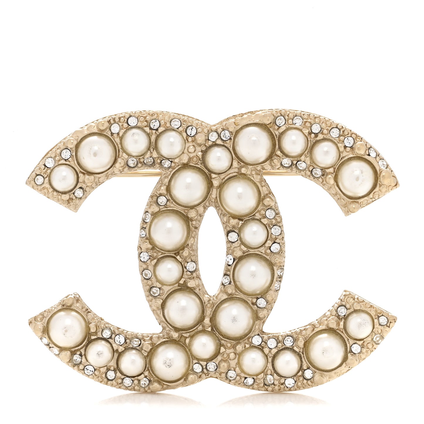 Metal Crystal Graduated Pearl CC Brooch Gold
