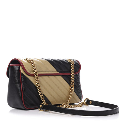 Gucci Vintage Effect Calfskin Matelasse Diagonal Striped Small Torchon GG Marmont Shoulder Bag Black Beige 3 of 10