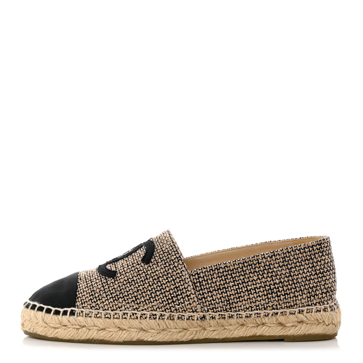 Tweed Grosgrain CC Espadrilles 39 Gold Beige Black