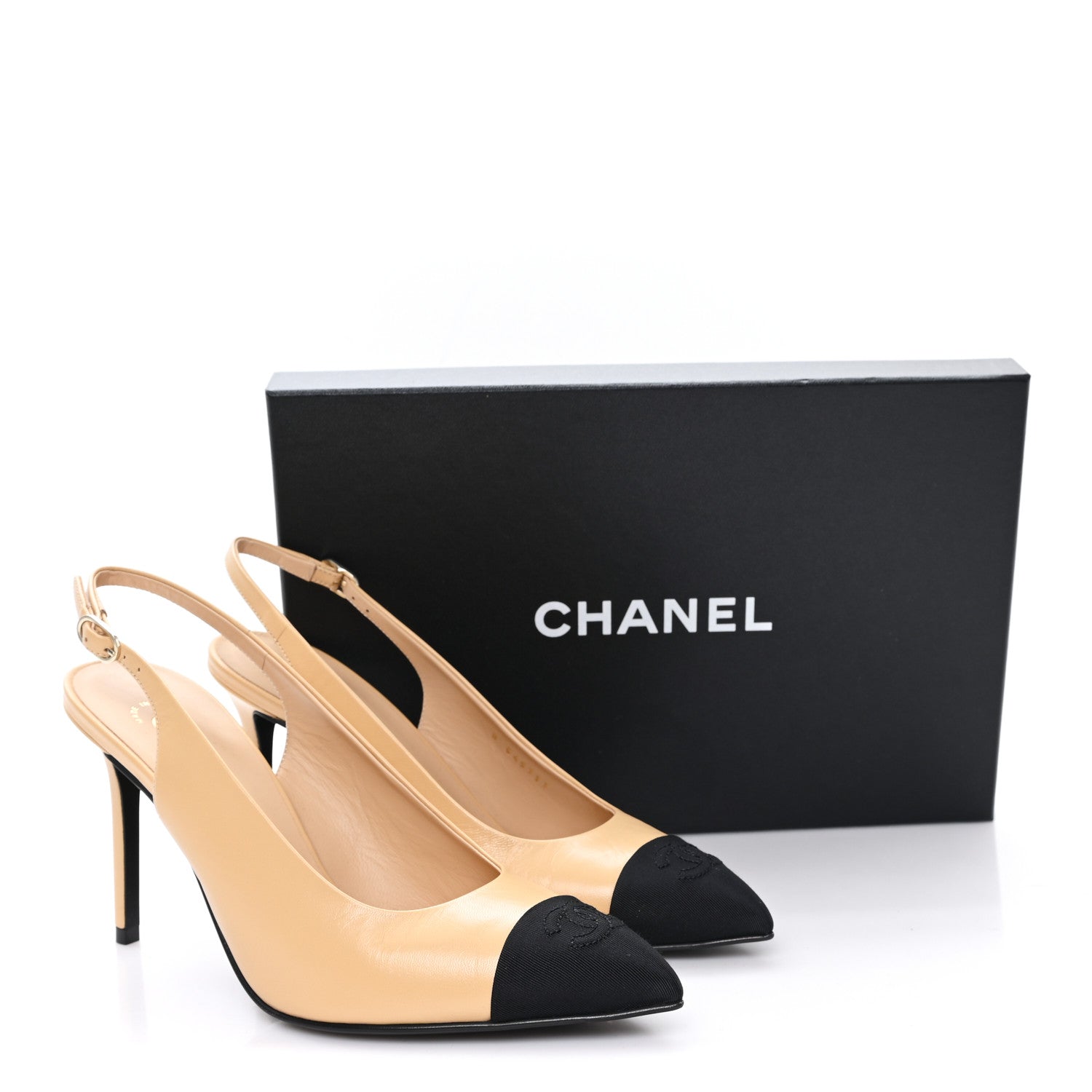 Chanel Goatskin Grosgrain Pointed Cap Toe CC Slingback Pumps 39 Beige Black 10 of 10