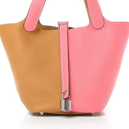 Hermes Taurillon Clemence Casaque Picotin Lock 18 PM Rose Azalee Sesame 8 of 11