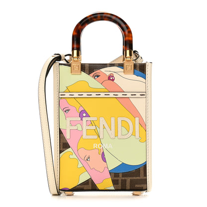 Fendi Glazed Fabric Vitello King Plexiglass FF 1974 Logo Hairdo Girls Inlay Mini Fendi Sunshine Shopper Tote Mogano Panna Multicolor 1 of 9