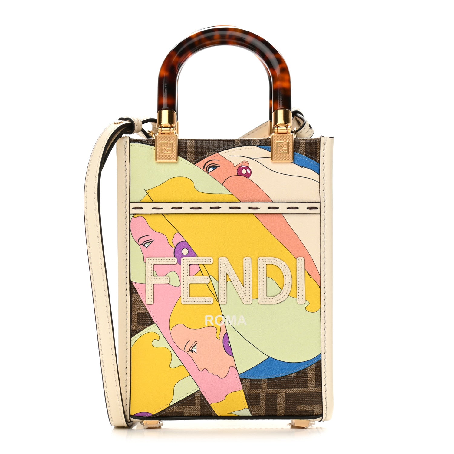 Fendi Glazed Fabric Vitello King Plexiglass FF 1974 Logo Hairdo Girls Inlay Mini Fendi Sunshine Shopper Tote Mogano Panna Multicolor 1 of 9