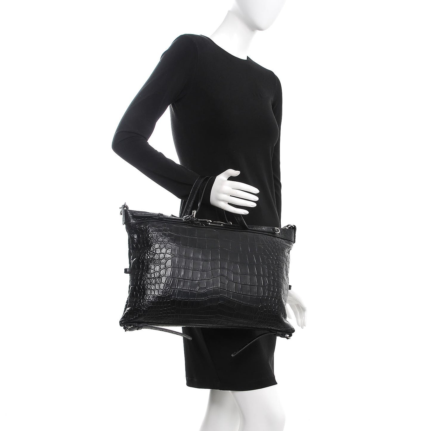 Calfskin Crocodile Embossed Large Convertible ID Bag Black