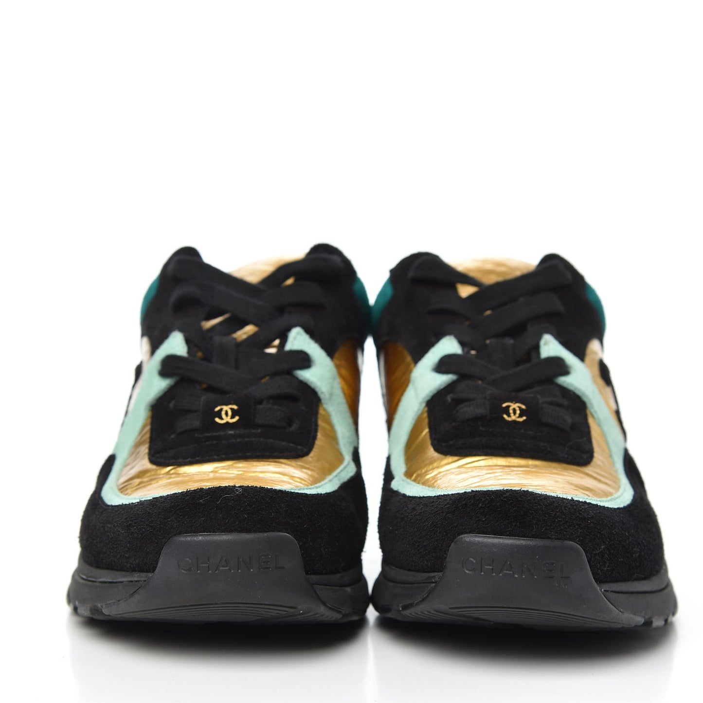 Fabric Calfskin Suede CC Womens Sneakers 37 Black Turquoise Gold