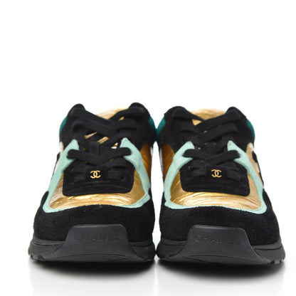 Chanel Fabric Calfskin Suede CC Womens Sneakers 37 Black Turquoise Gold 2 of 7