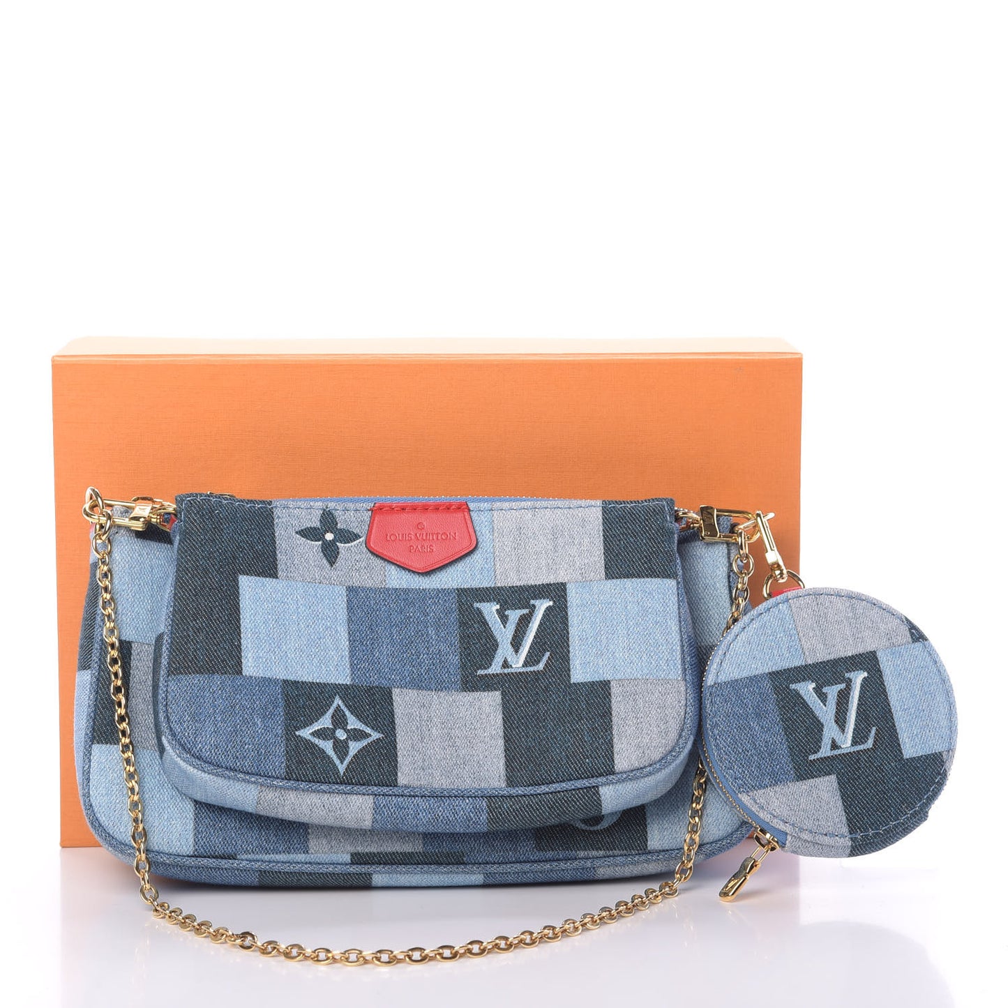 Denim Damier Monogram Patchwork Multi Pochette Accessories Blue Rouge
